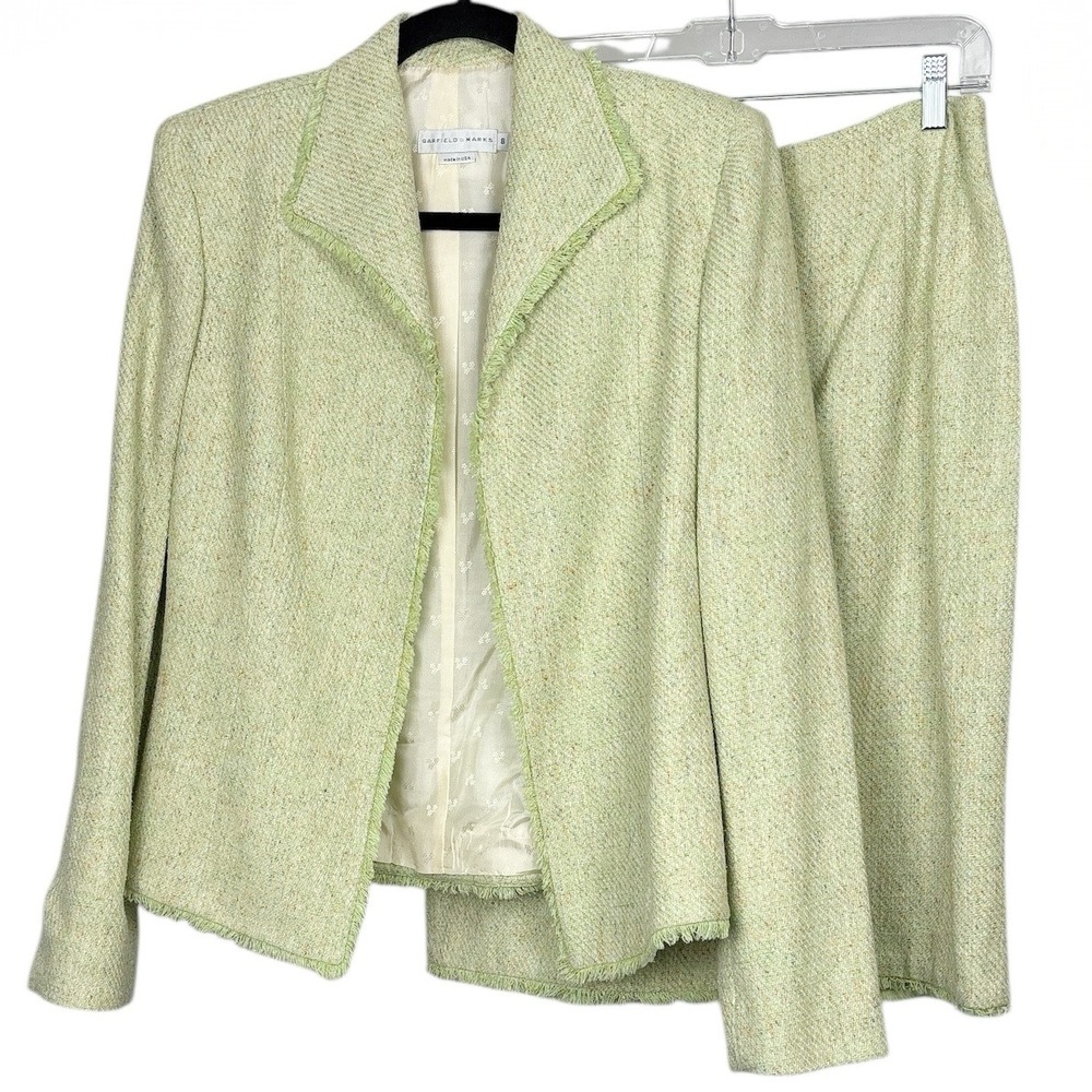 Garfield & Marks Women's Suit Set Size 8 Green Tweed Blazer Skirt Fringed Trim